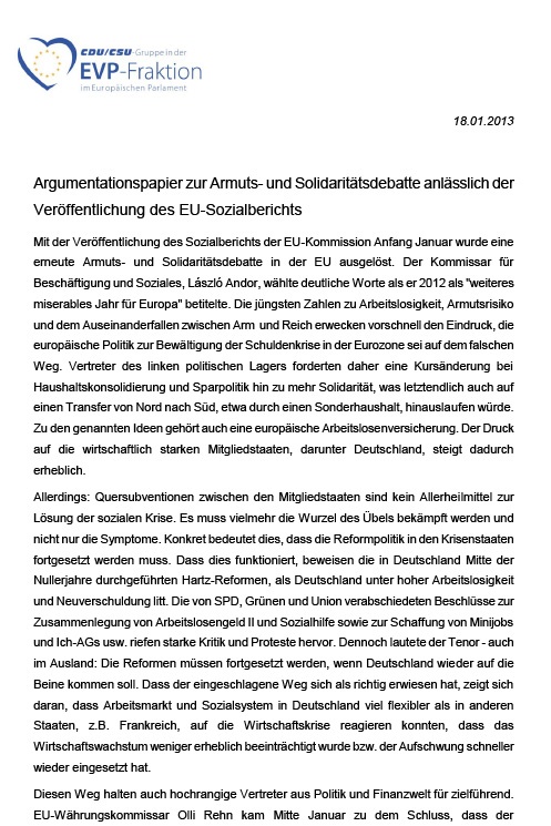 Argumentationspapier zur Armuts- und Solidaritätsdebatte anlässlich der Veröffentlichung des EU-Sozialberichts