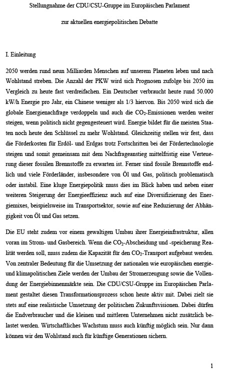 Stellungnahme der CDU/CSU-Gruppe im Europäischen Parlament zur aktuellen energiepolitischen Debatte