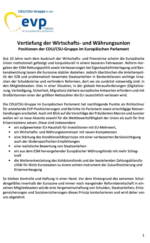 Vertiefung der Wirtschafts- und Währungsunion Positionen der CDU/CSU-Gruppe im Europäischen Parlament